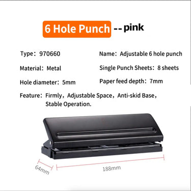 Punch à 6 trous réglable - Puncher de liant à feuilles lâches en métal pour A5, A6, et Personal Planificateurs (rose)